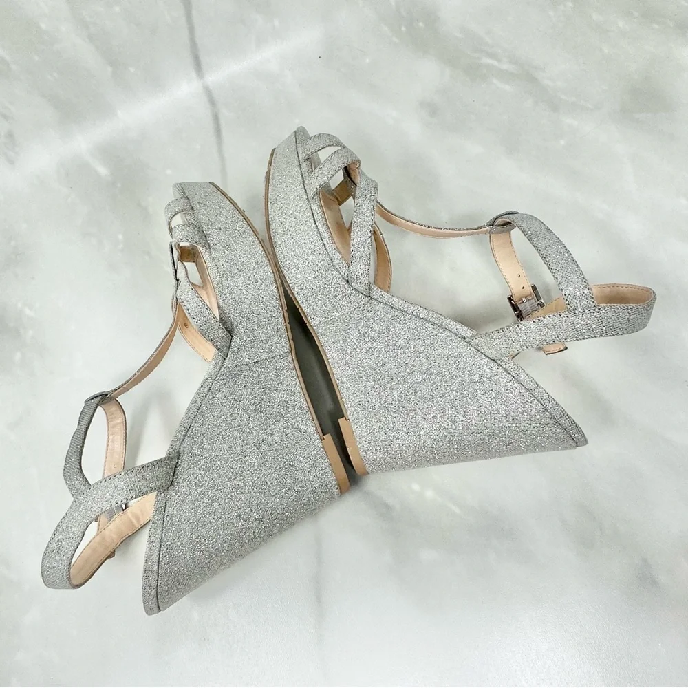 Nina Valery Silver Glitter Metallic Wedge Heel Strappy Sandal Shoes 7.5